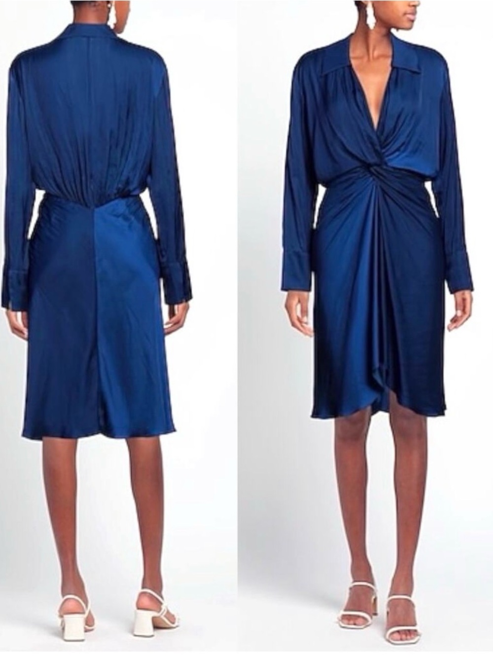 $498 ZADIG & VOLTAIRE Rozo Gathered Long Sleeve Satin Dress in Bleu sz L